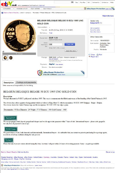 losegame10 eBay Listing Using Our Our 1995 Belgian Gold Proof 50 Ecu Obverse & Reverse Photographs
